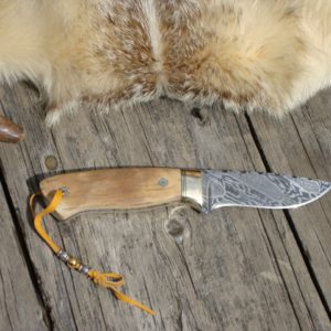 MAMMOTH BARK IVORY HANDLE FINGER PRINT DAMASCUS BLADE WITH FILE WORKED HANDLE AND BLADE