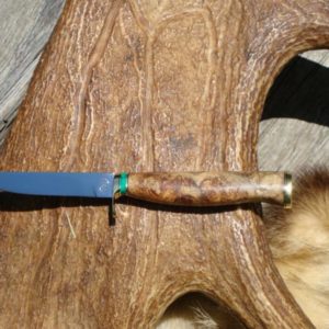 MAPLE BURL WOOD HANDLE BIRD TROUT KNIFE WITH SPIDER WEB MALACHITE STONE SPACER CARBON TOOL STEEL BLADE