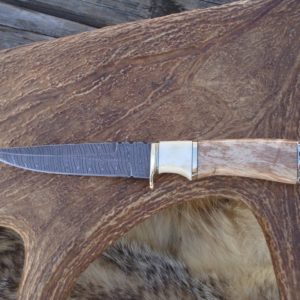 NORWEGIAN STYLE DAMASCUS BLADE SPALTED MAPLE WITH MOOSE ANTLER SPACER HANDLE HUNTER FILE WORKED