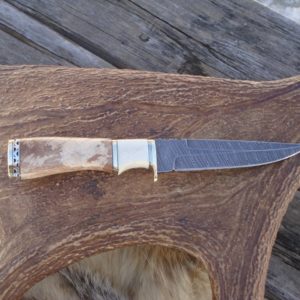 NORWEGIAN STYLE DAMASCUS BLADE SPALTED MAPLE WITH MOOSE ANTLER SPACER HANDLE HUNTER FILE WORKED