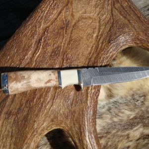 NORWEGIAN STYLE DAMASCUS BLADE SPALTED MAPLE WITH MOOSE ANTLER SPACER HANDLE HUNTER FILE WORKED