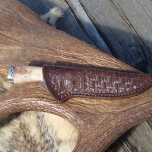 NORWEGIAN STYLE DAMASCUS BLADE SPALTED MAPLE WITH MOOSE ANTLER SPACER HANDLE HUNTER FILE WORKED