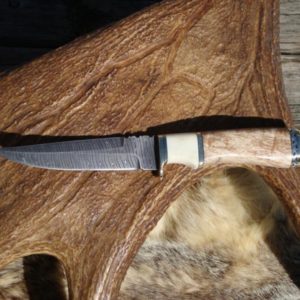 NORWEGIAN STYLE DAMASCUS BLADE SPALTED MAPLE WITH MOOSE ANTLER SPACER HANDLE HUNTER FILE WORKED