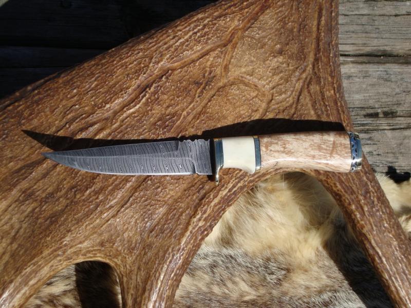 NORWEGIAN STYLE DAMASCUS BLADE SPALTED MAPLE WITH MOOSE ANTLER SPACER HANDLE HUNTER FILE WORKED