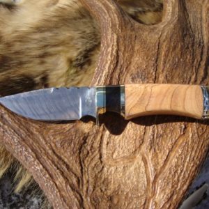 AFRICAN OLIVE WOOD WITH AFRICAN BLACKWOOD FILE WORKED DAMASCUS BLADE & SPACER