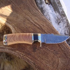 AFRICAN OLIVE WOOD WITH AFRICAN BLACKWOOD FILE WORKED DAMASCUS BLADE & SPACER