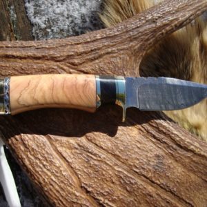 AFRICAN OLIVE WOOD WITH AFRICAN BLACKWOOD FILE WORKED DAMASCUS BLADE & SPACER