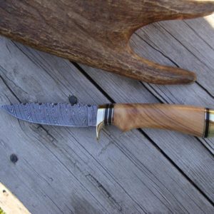 AFRICAN OLIVE WOOD WITH AFRICAN BLACKWOOD DAMASCUS BLADE HUNTING KNIFE WITH FILE WORKED BLADE