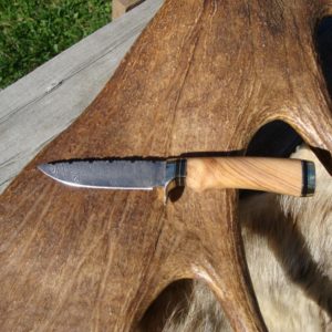 AFRICAN OLIVE WOOD WITH AFRICAN BLACKWOOD DAMASCUS BLADE HUNTING KNIFE WITH FILE WORKED BLADE