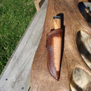 AFRICAN OLIVE WOOD WITH AFRICAN BLACKWOOD DAMASCUS BLADE HUNTING KNIFE WITH FILE WORKED BLADE