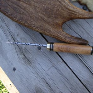 AFRICAN OLIVE WOOD WITH AFRICAN BLACKWOOD DAMASCUS BLADE HUNTING KNIFE WITH FILE WORKED BLADE