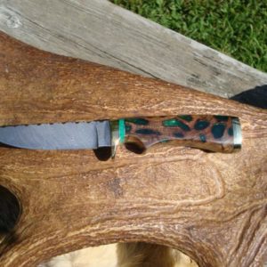 PECKY CYPRESS WITH EMRALD RESIN HANDLE TWIST DAMASCUS FILE WORKED BLADE HUNTER