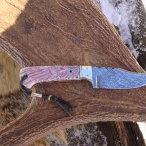 PINK FOSSIL CORAL HANDLE DAMASCUS BLADE HUNTER WITH FILE WORK