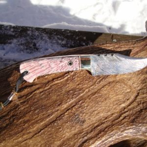 PINK FOSSIL CORAL HANDLE DAMASCUS BLADE HUNTER WITH FILE WORK