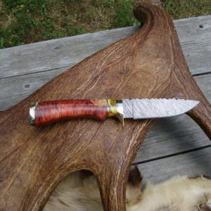 DAMASCUS BLADE WITH RARE FLAME BOXELDER AND COPAL AMBER HANDLE