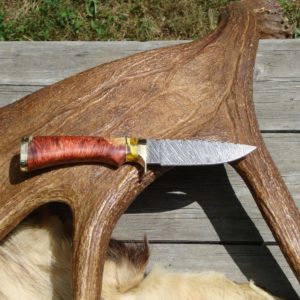 DAMASCUS BLADE WITH RARE FLAME BOXELDER AND COPAL AMBER HANDLE