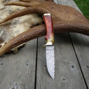 DAMASCUS BLADE WITH RARE FLAME BOXELDER AND COPAL AMBER HANDLE
