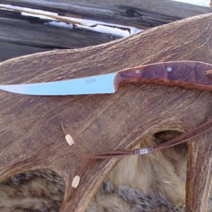 CUSTOM FILLET KNIFE WITH AUSTRALIAN RED MALLE BURL WOOD HANDLES