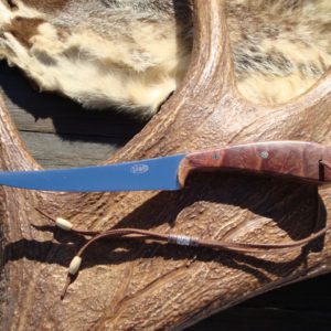 CUSTOM FILLET KNIFE WITH AUSTRALIAN RED MALLE BURL WOOD HANDLES