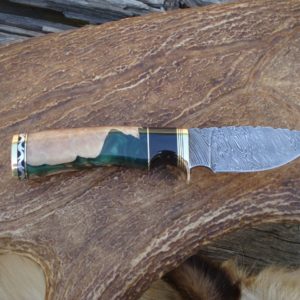 AUSTRALIAN RED MALLE WITH EMERALD GREEN RESIN HANDLE FIRE TWIST DAMASCUS BLADE WITH FILE WORK