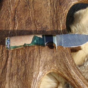 AUSTRALIAN RED MALLE WITH EMERALD GREEN RESIN HANDLE FIRE TWIST DAMASCUS BLADE WITH FILE WORK