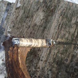 SPALTED HACKBERRY WITH MAMMOTH TOOTH HANDLE TIGER STRIPE DAMASCUS BLADE WITH LOTS OF FILE WORK