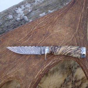 SPALTED HACKBERRY WITH MAMMOTH TOOTH HANDLE TIGER STRIPE DAMASCUS BLADE WITH LOTS OF FILE WORK