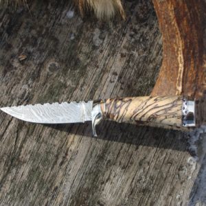 SPALTED HACKBERRY WITH MAMMOTH TOOTH HANDLE TIGER STRIPE DAMASCUS BLADE WITH LOTS OF FILE WORK