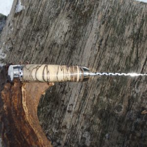 SPALTED HACKBERRY WITH MAMMOTH TOOTH HANDLE TIGER STRIPE DAMASCUS BLADE WITH LOTS OF FILE WORK