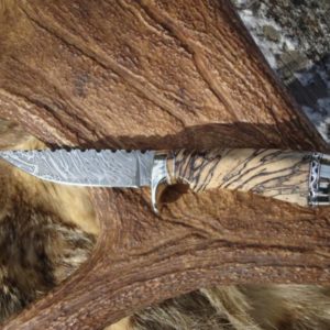 SPALTED HACKBERRY WITH MAMMOTH TOOTH HANDLE TIGER STRIPE DAMASCUS BLADE WITH LOTS OF FILE WORK