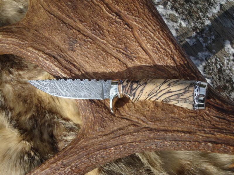 SPALTED HACKBERRY WITH MAMMOTH TOOTH HANDLE TIGER STRIPE DAMASCUS BLADE WITH LOTS OF FILE WORK