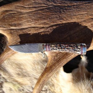 AGED INDIA STAG WITH CAPE BUFFALO BONE HANDLE DAMASCUS BLADE HUNTING KNIFE FILE WORKED BLADE