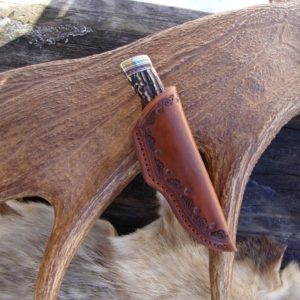 AGED INDIA STAG WITH CAPE BUFFALO BONE HANDLE DAMASCUS BLADE HUNTING KNIFE FILE WORKED BLADE