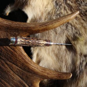 AGED INDIA STAG WITH CAPE BUFFALO BONE HANDLE DAMASCUS BLADE HUNTING KNIFE FILE WORKED BLADE