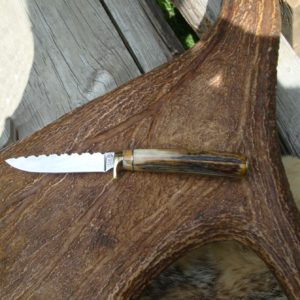 CARBON STEEL BLADE BIRD TROUT KNIFE WITH INDIA STAG AND LEOPARD JASPER HANDLE FILE WORKED BLADE