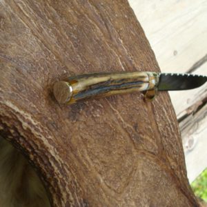 CARBON STEEL BLADE BIRD TROUT KNIFE WITH INDIA STAG AND LEOPARD JASPER HANDLE FILE WORKED BLADE