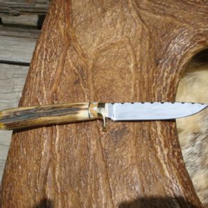 CARBON STEEL BLADE BIRD TROUT KNIFE WITH INDIA STAG AND LEOPARD JASPER HANDLE FILE WORKED BLADE