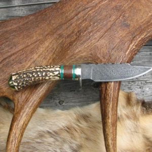 INDIA STAG MALACHITE AMBOYNA WOOD HANDLE DAMASCUS BLADE KNIFE