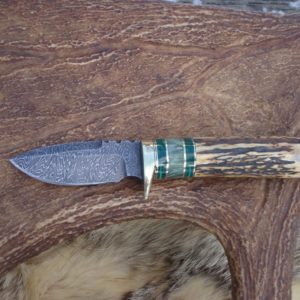 INDIA STAG WITH MALACHITE AND MAPLE BURL HANDLE LIGHTENING PATTERN DAMASCUS BLADE