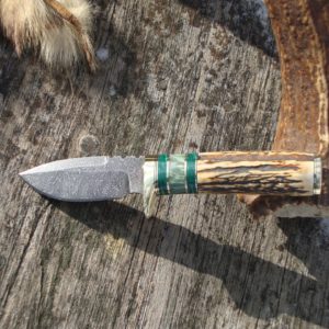 INDIA STAG WITH MALACHITE AND MAPLE BURL HANDLE LIGHTENING PATTERN DAMASCUS BLADE