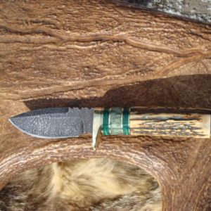INDIA STAG WITH MALACHITE AND MAPLE BURL HANDLE LIGHTENING PATTERN DAMASCUS BLADE
