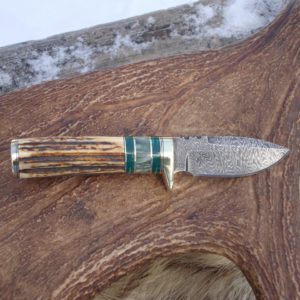 INDIA STAG WITH MALACHITE AND MAPLE BURL HANDLE LIGHTENING PATTERN DAMASCUS BLADE