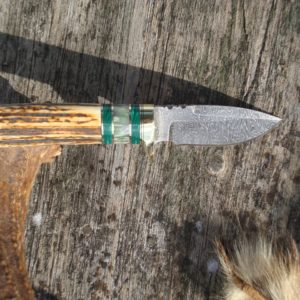 INDIA STAG WITH MALACHITE AND MAPLE BURL HANDLE LIGHTENING PATTERN DAMASCUS BLADE