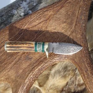 INDIA STAG WITH MALACHITE AND MAPLE BURL HANDLE LIGHTENING PATTERN DAMASCUS BLADE