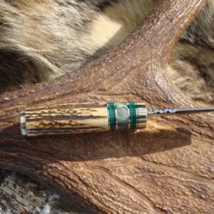 INDIA STAG WITH MALACHITE AND MAPLE BURL HANDLE LIGHTENING PATTERN DAMASCUS BLADE