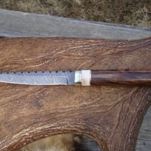 ARIZONA IRON WOOD WITH WARTHOG TUSK HANDLE DAMASCUS TANTO FILE WORKED BLADE