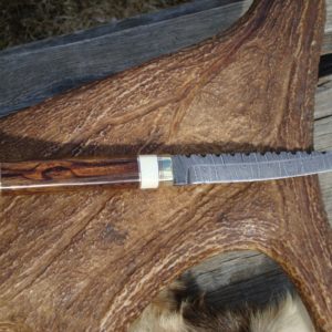 ARIZONA IRON WOOD WITH WARTHOG TUSK HANDLE DAMASCUS TANTO FILE WORKED BLADE