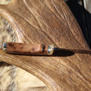 TIGER STRIPE DAMASCUS BLADE WITH EXHIBITION GRADE THUYA BURL WOOD FILE WORKED BLADE