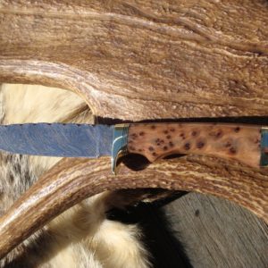 TIGER STRIPE DAMASCUS BLADE WITH EXHIBITION GRADE THUYA BURL WOOD FILE WORKED BLADE