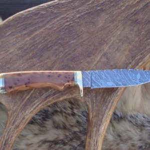 TIGER STRIPE DAMASCUS BLADE WITH EXHIBITION GRADE THUYA BURL WOOD FILE WORKED BLADE